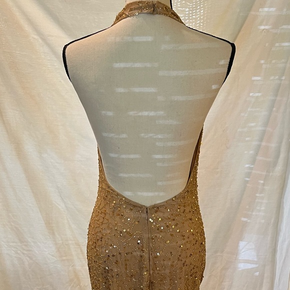 Vintage Y2K gold sequin✨ beaded cowl halter neck open back gown 🪐 - Picture 5 of 8